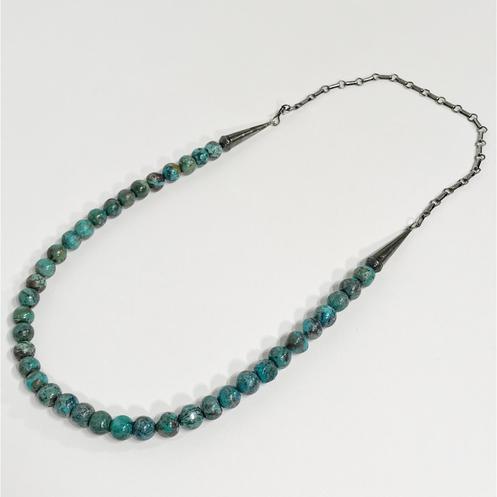 Vintage Native American Sterling Silver 9mm Turquoise Cone Beaded Necklace 24" - Picture 3 of 16